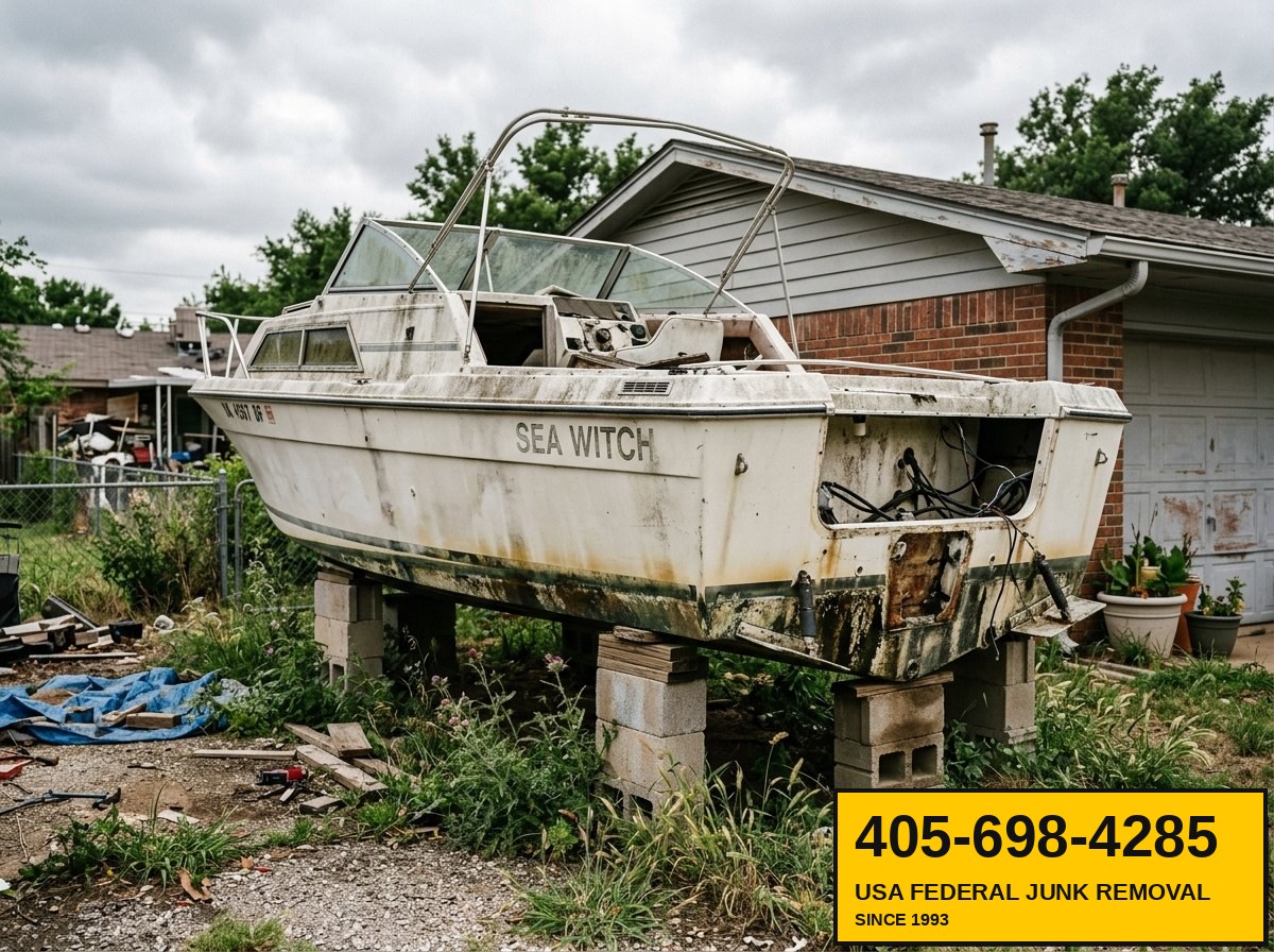 Abandoned cabin cruiser on cinder blocks in side yard awaiting USA Federal removal