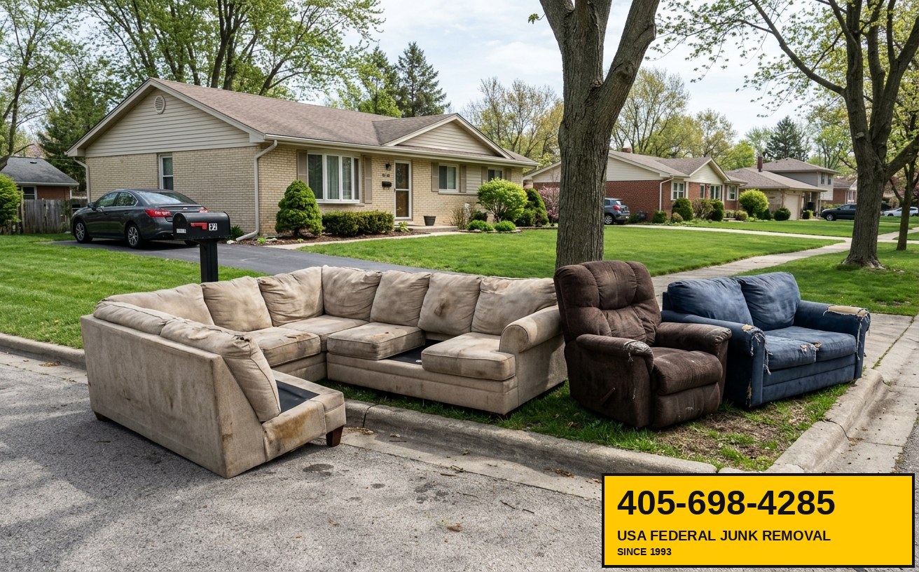 Old worn-out sectional couch and recliner placed at curb for couch and sofa junk removal pickup