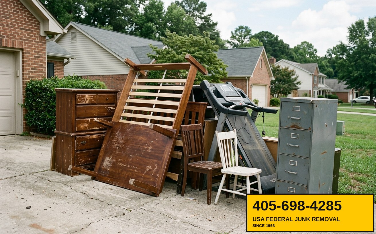 Pile of heavy old furniture — dresser, bed frame, dining table, treadmill — in a driveway ready for removal