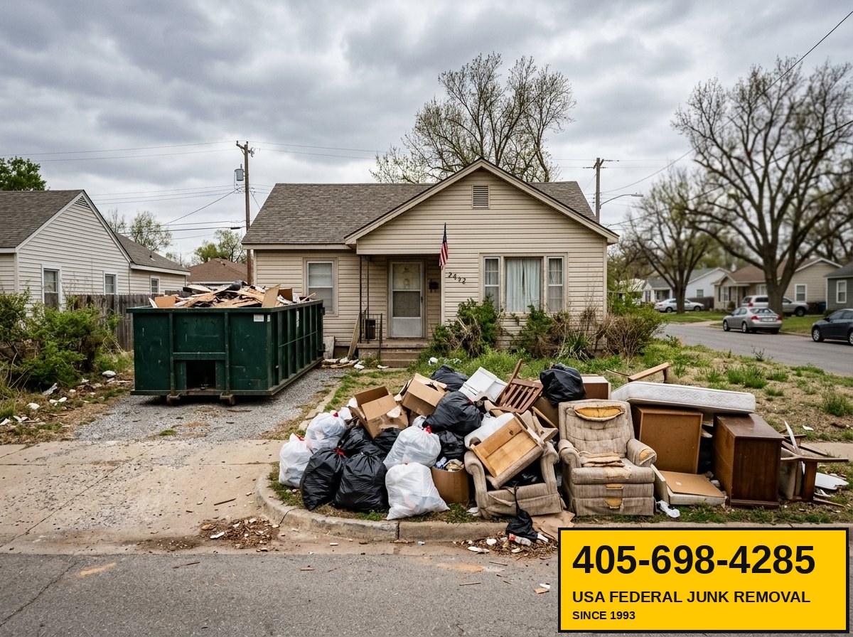Hoarder cleanout job site exterior with roll-off dumpster and curbside debris