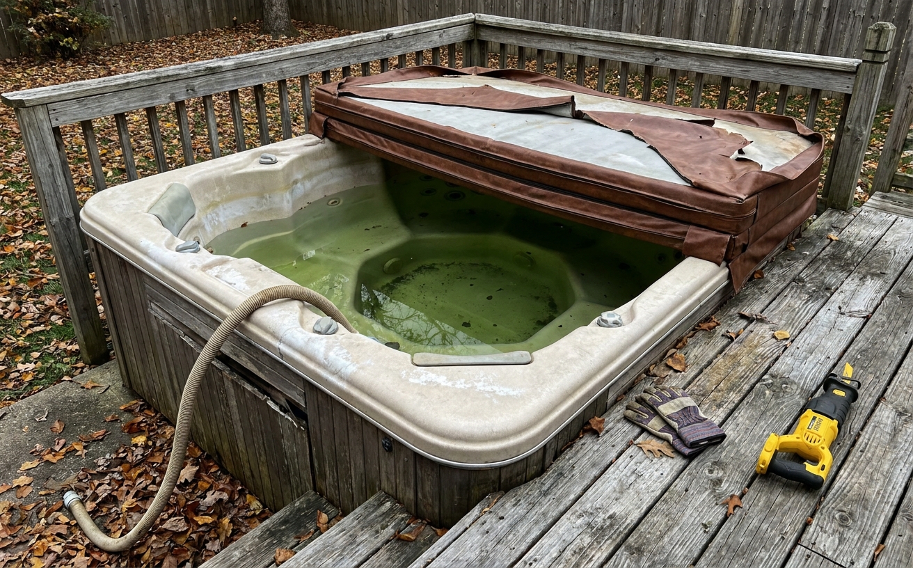 Old worn-out outdoor hot tub being prepared for removal and disposal — USA Federal Junk Removal hot tub haul-off service
