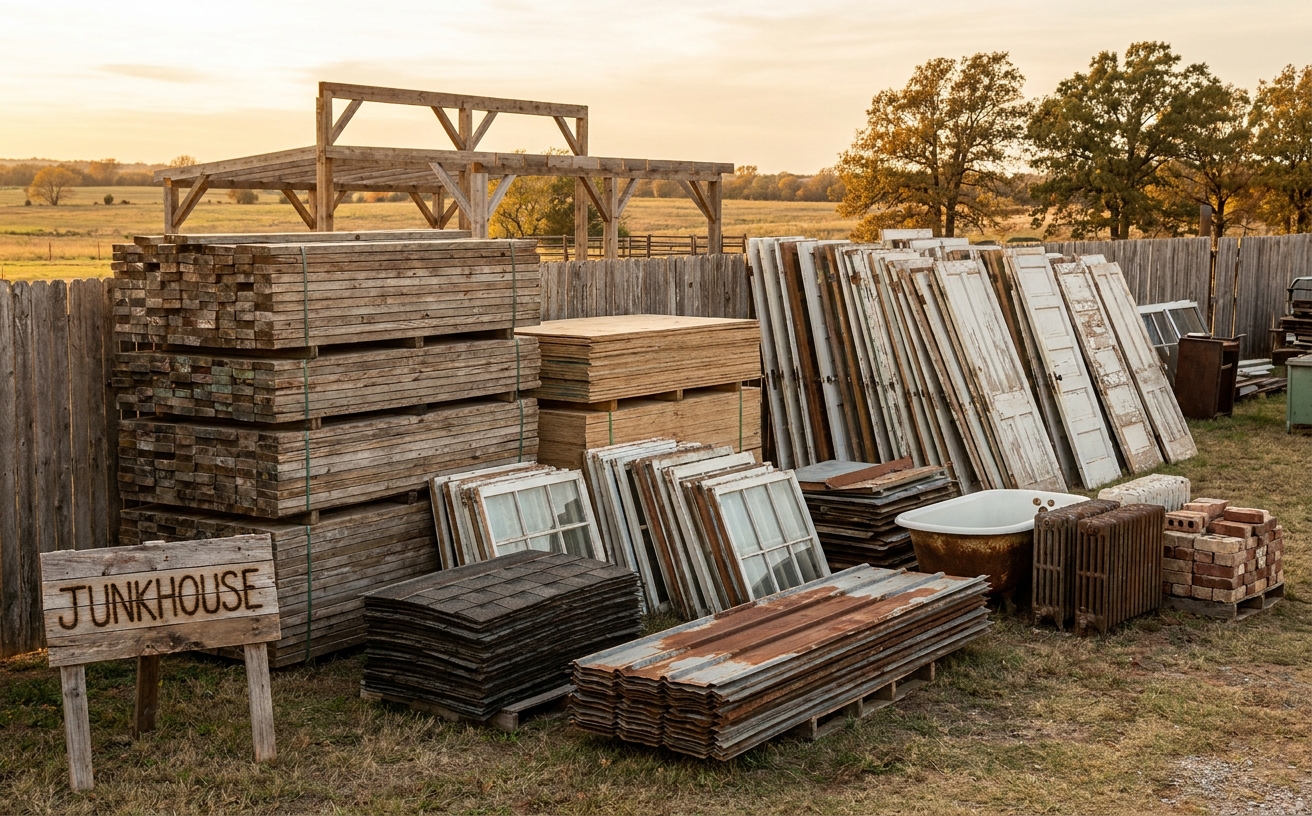 Historical Junkhouse Project salvage yard in rural Oklahoma — stacks of reclaimed lumber, vintage doors, windows, and roofing shingles ready for re-use