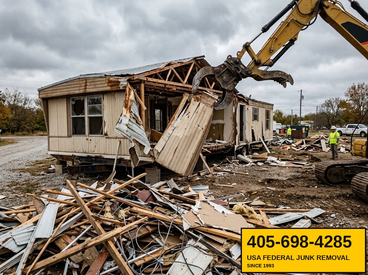 Double-wide mobile home being actively demolished with claw excavator