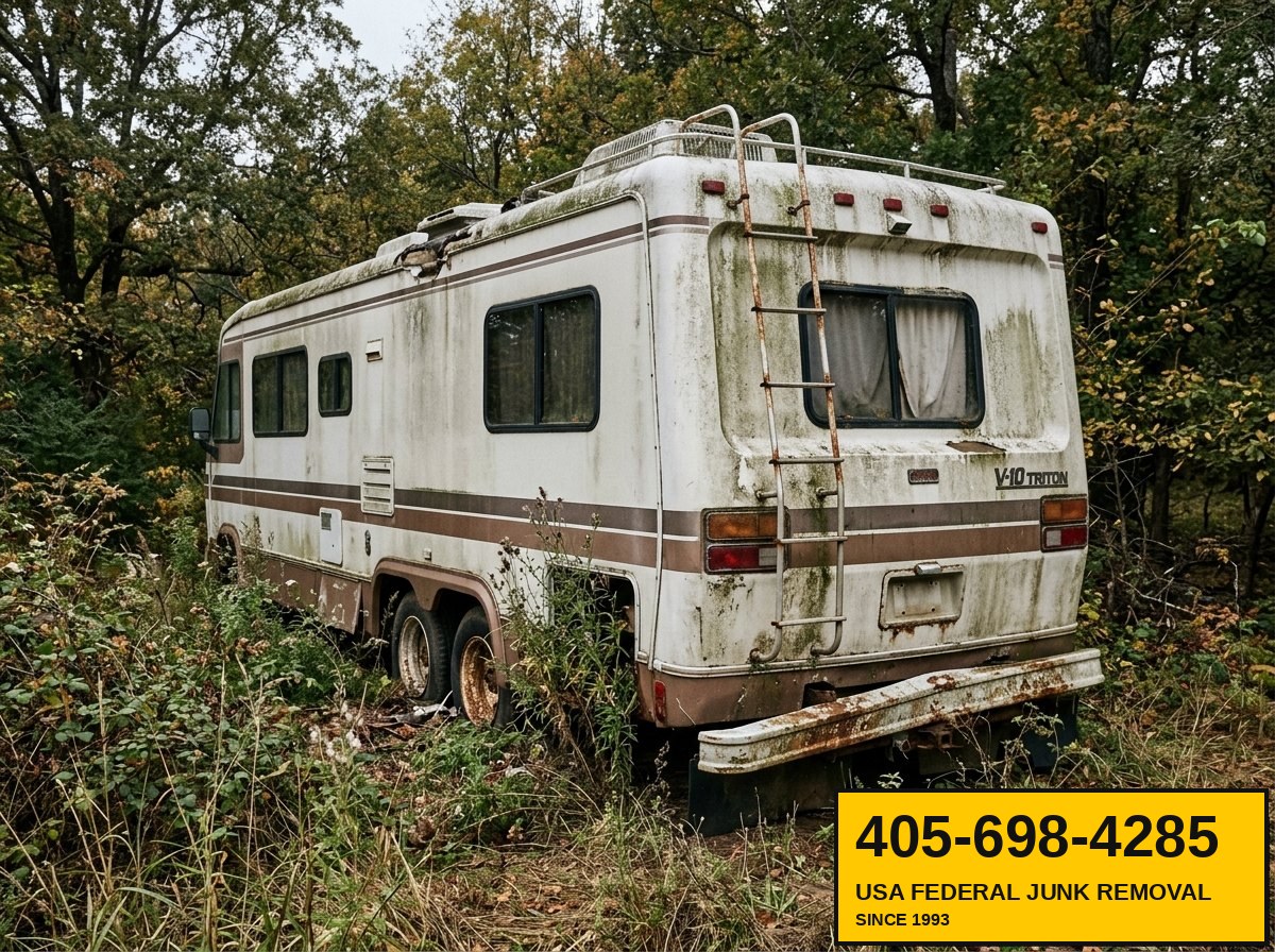 Rear view of abandoned Class A motorhome being prepped for haul-off