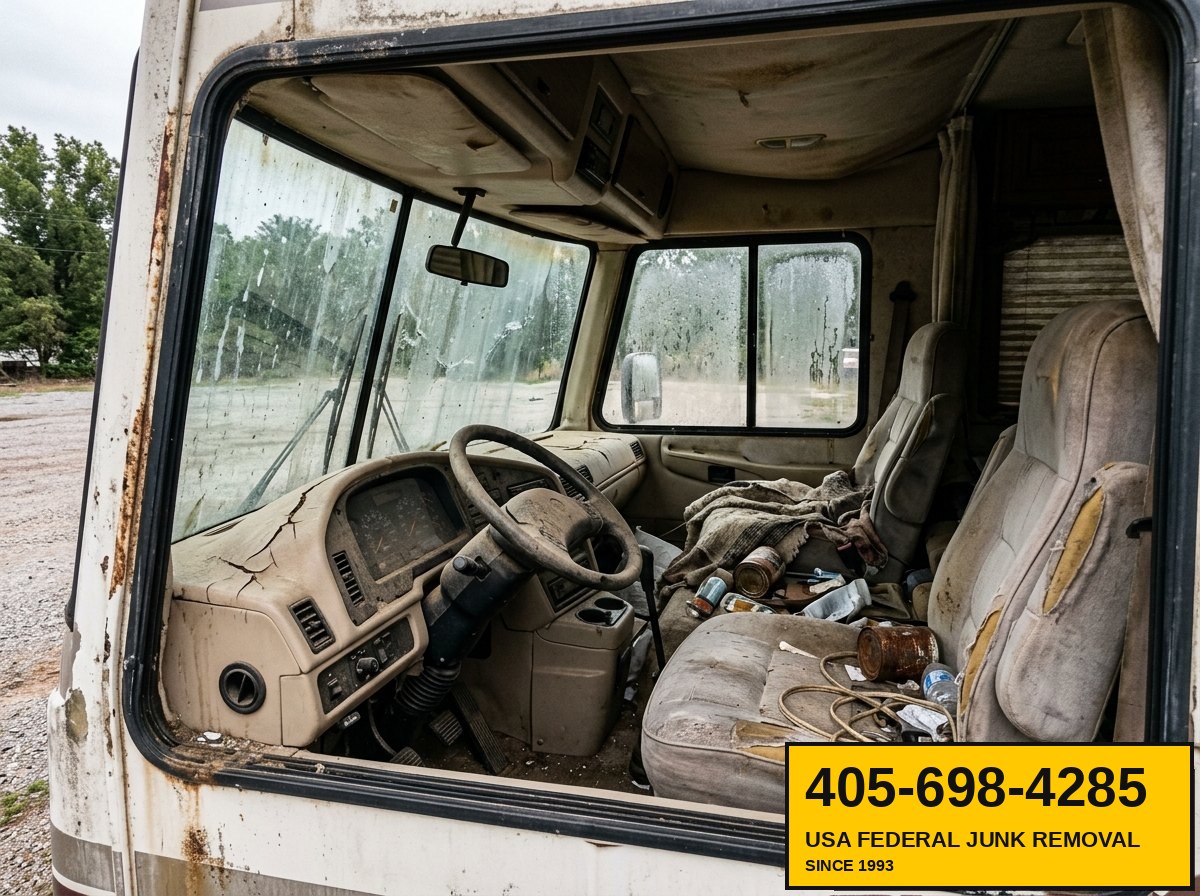 Sun-bleached interior of an abandoned Class A motorhome — water damage visible