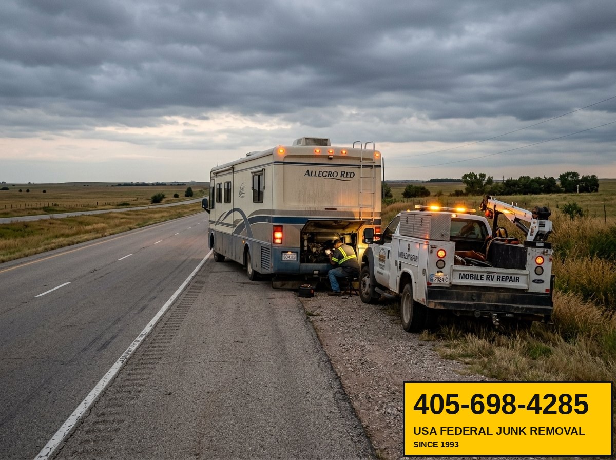 Class A motorhome stranded on interstate shoulder being rescued by mobile mechanic
