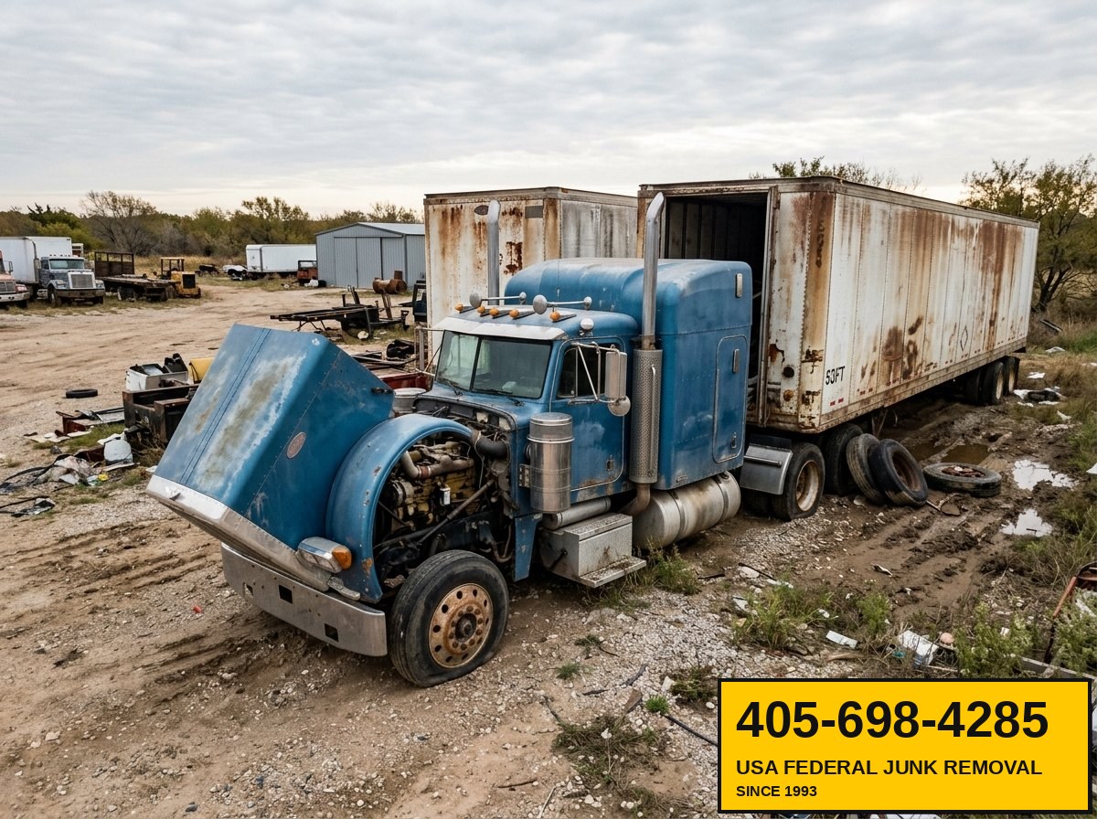 Derelict Peterbilt sleeper cab semi-truck with two trailers being staged for removal