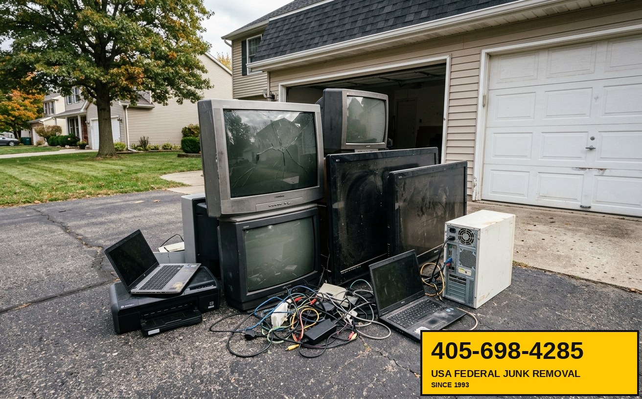 Stack of dead CRT tube TVs, old laptops, and a broken plasma screen on a residential driveway ready for e-waste removal